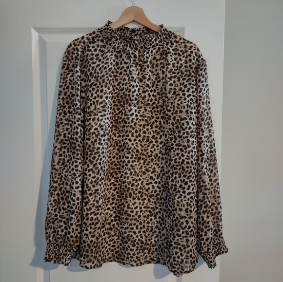 Torrid Leopard Print Chiffon Smocked Mock Neck Blouse - Picture 2 of 15